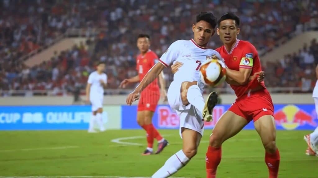 The Indonesian national soccer team in action against Vietnam in 2024.