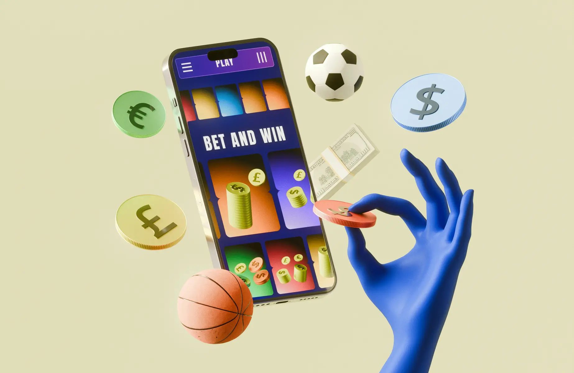A 3D illustration of a smartphone displaying a sports betting app surrounded by currency coins and sports balls.